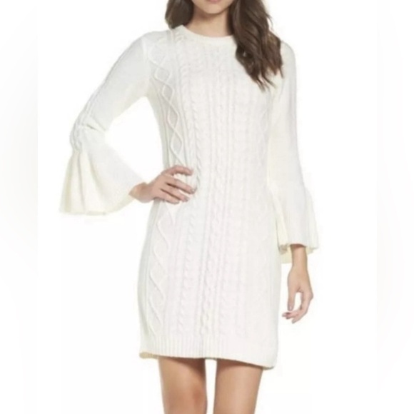 Eliza J Cream Cable Knit Sweater Dress with Bell Sleeves - Size Small - Picture 2 of 10